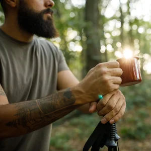 man in the forest with a coffee square