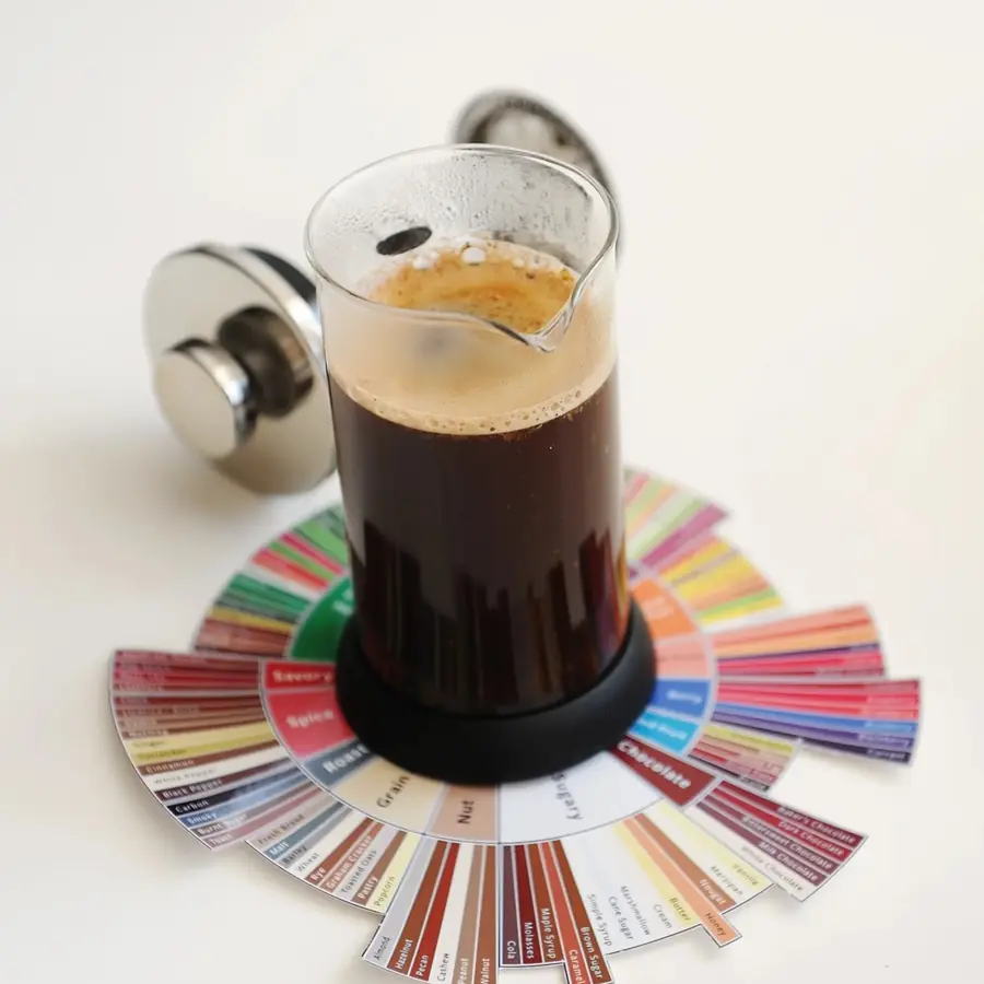 French press coffee on the inside of a colourful flavour wheel